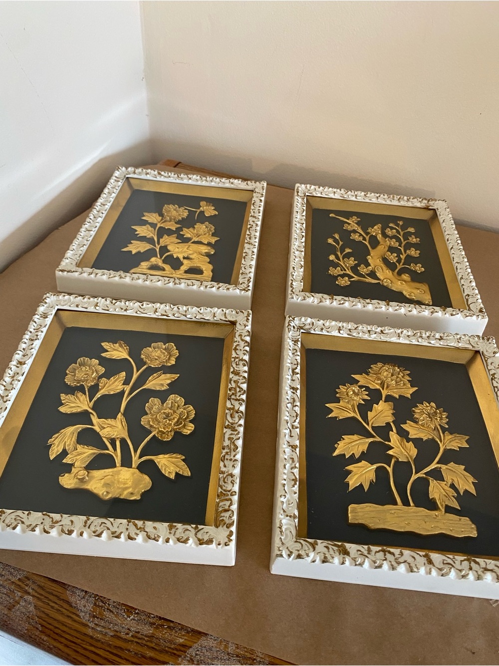Gold Botanical Wall Art Set Four Seasons, Framed shadow boxes, MCM Vintage gold